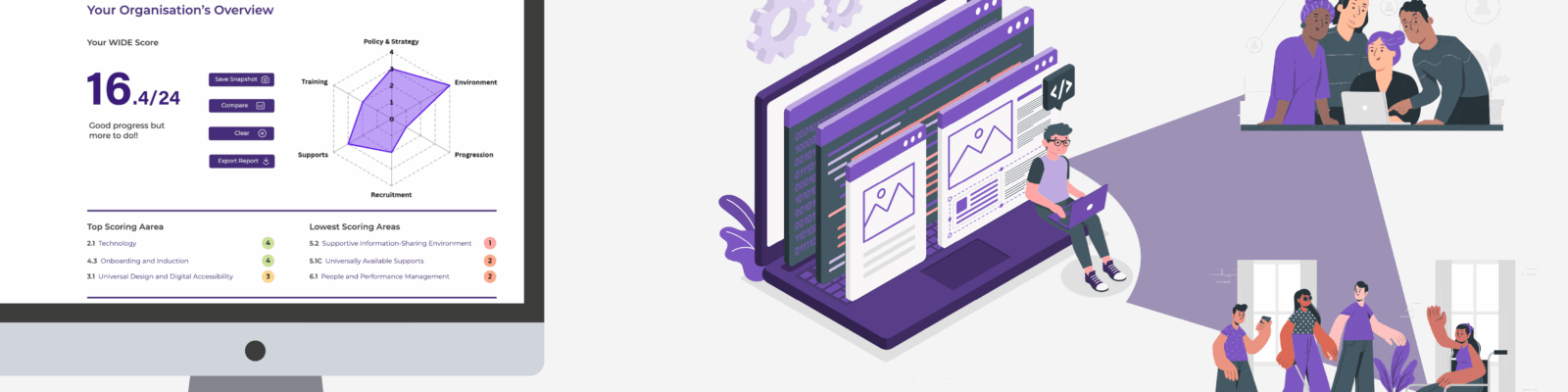 WIDE Launch - Showing an illustration of an interactive online platform, and snapshots of a vibrant and diverse workplace.